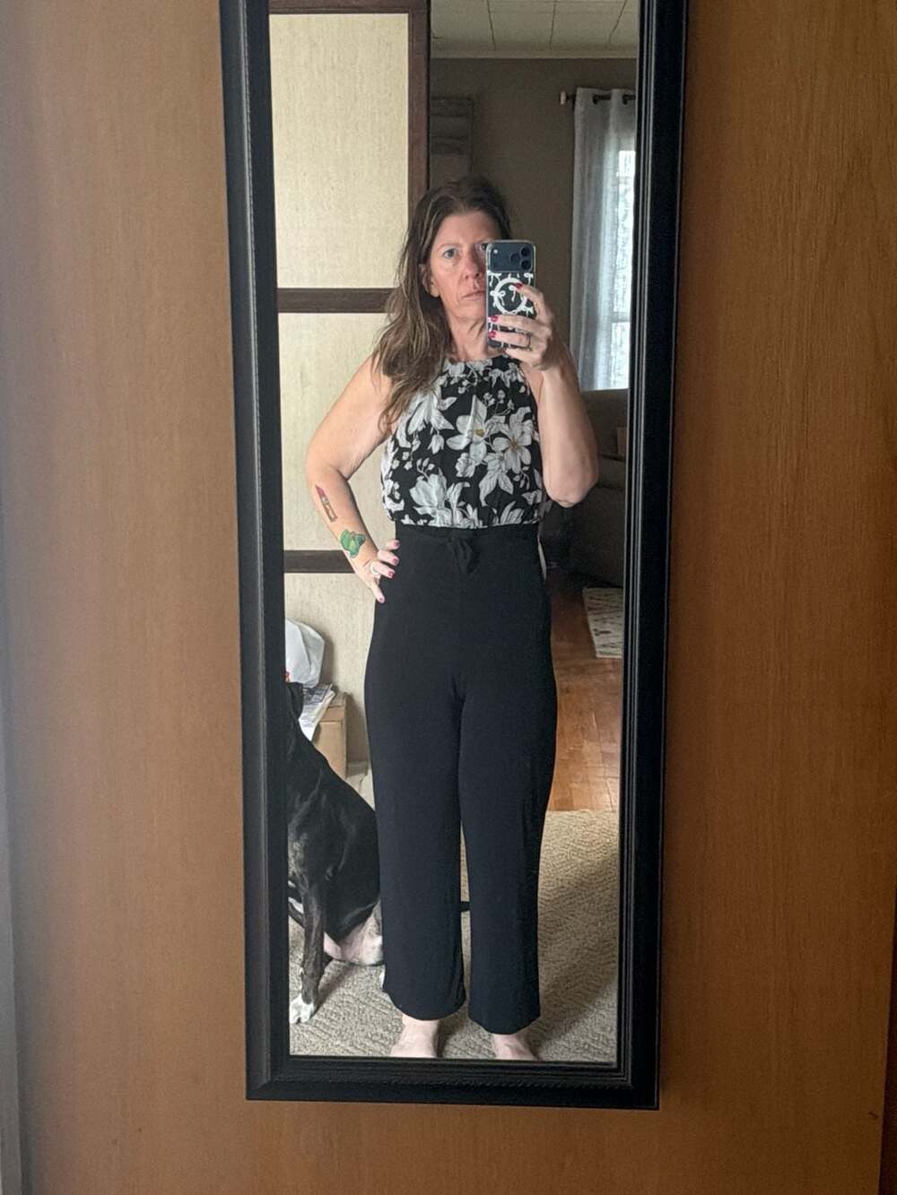Black and White Floral Halter Neck Jumpsuit with Waist Tie